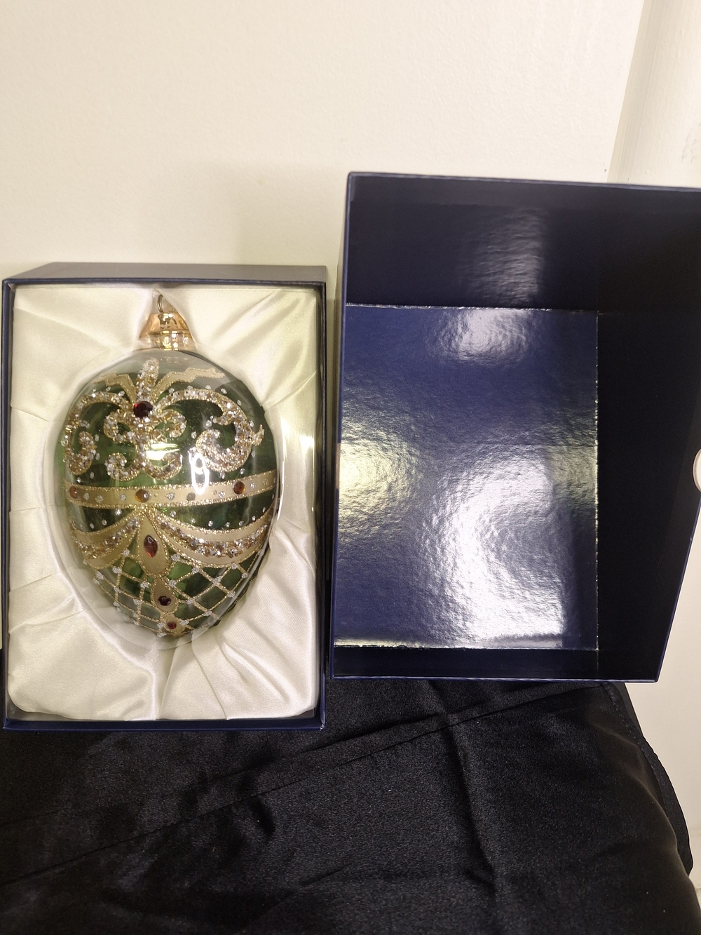 Large Hand-Painted Dk Green and Gold Decorative Egg Ornament 6.5" X 5" - Picture 4 of 6